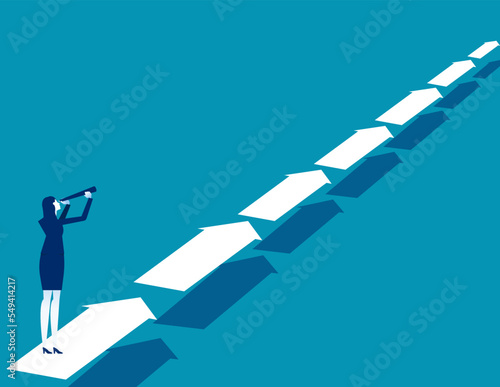 Businesswoman looking on arrows. Business investment direction vector illustration concept