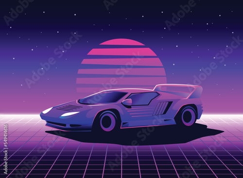 Retro 80s sci-fi futuristic style background with supercar. Vector retro futuristic synth wave illustration in 1980s posters style. Retro Nostalgic vaporwave cyberpunk artwork with vibrant neon colors