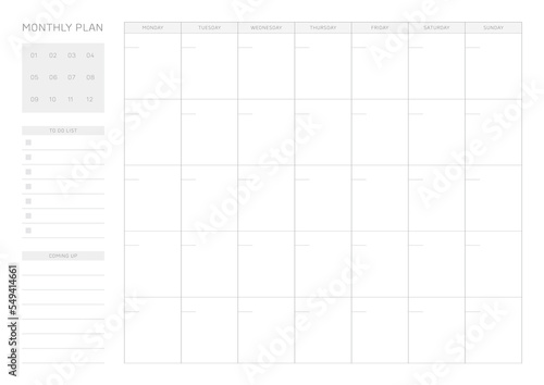 A simple, minimalistic style monthly planner. Note, scheduler, diary, calendar planner document template illustration.