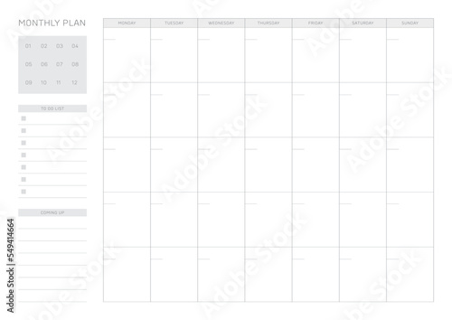A simple, minimalistic style monthly planner. Note, scheduler, diary, calendar planner document template illustration.