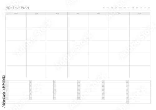 A simple, minimalistic style monthly planner. Note, scheduler, diary, calendar planner document template illustration.
