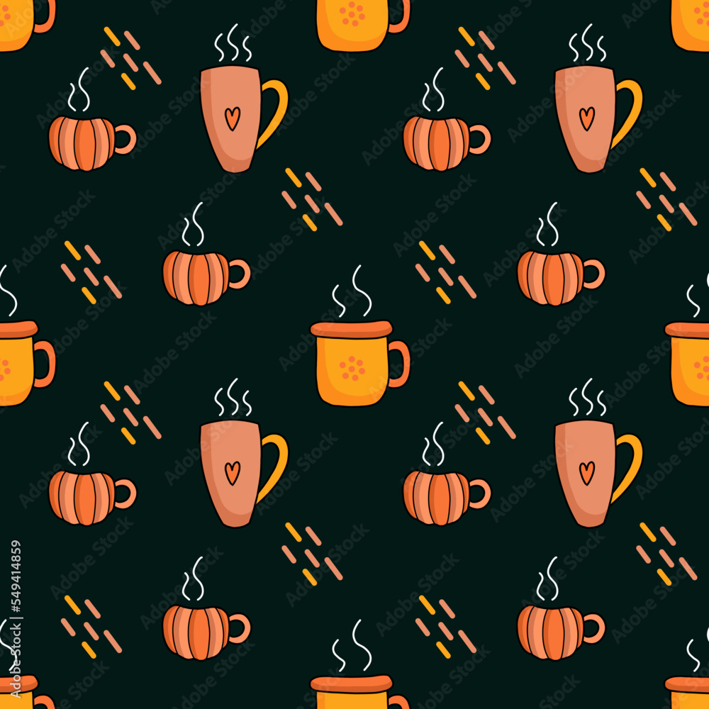 Cozy seamless pattern with warm drinks. Coffee, tea, matcha, cocoa. Vector illustration