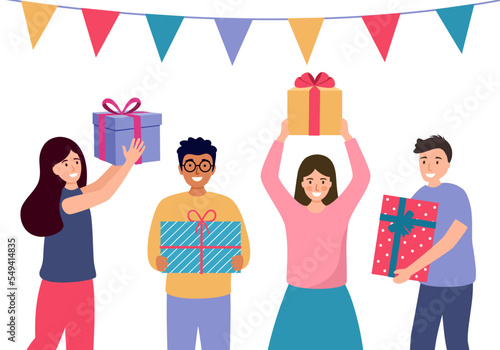 People holding gift boxes with happiness celebration in flat design on white background.