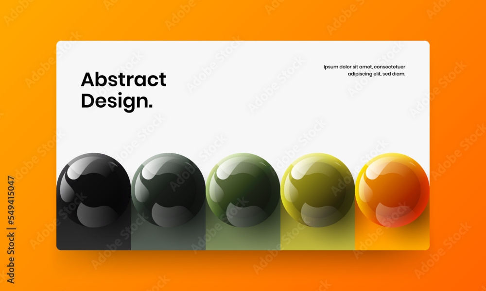 Modern catalog cover design vector template. Simple 3D balls landing page illustration.