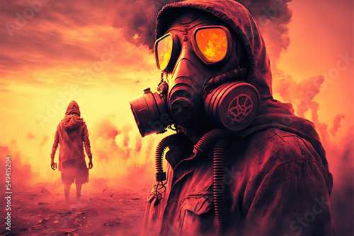 Post apocalyptic survivor in gas mask. Environmental disaster, armageddon concept.