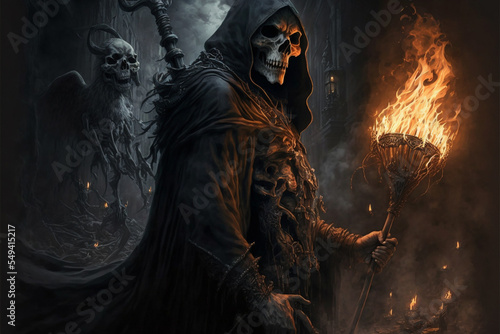 Leinwand Poster Grim reaper with haunted, creepy graveyard.Digital art