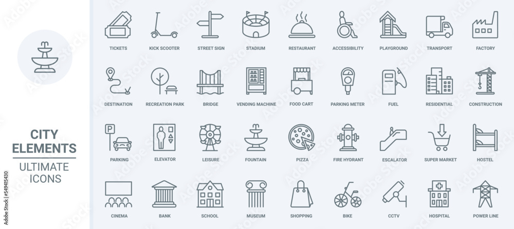 City elements thin line icons set vector illustration. Abstract outline office building and condo skyscrapers, stadium and restaurant, street signs and parking for transport, playground and food court
