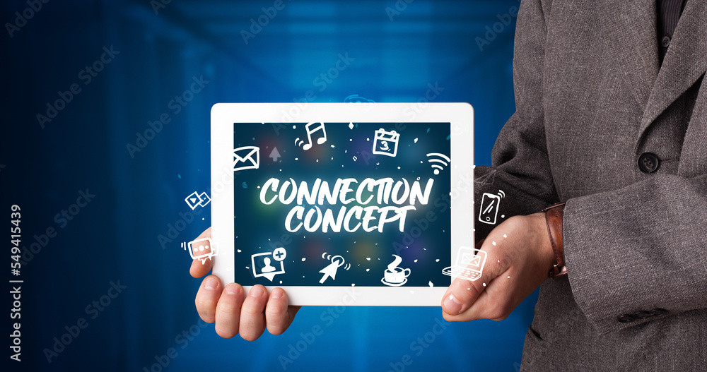 Person holding tablet, social network concept Person holding tablet, social network concept