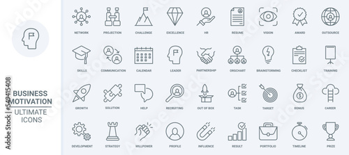 Business mission, challenge and motivation thin line icons set vector illustration. Abstract outline HR recruiting and outsource, leadership training and skills development, award and career of leader