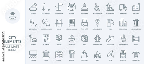 City elements thin line icons set vector illustration. Abstract outline office building and condo skyscrapers, stadium and restaurant, street signs and parking for transport, playground and food court