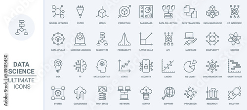 Data analysis, neural network innovation and science thin line icons set vector illustration. Abstract outline AI brain, machine learning technology for prediction, transformation and data storage
