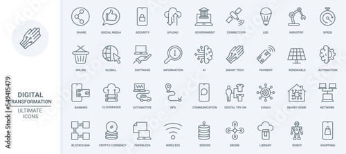 Digital network technology and communication thin line icons set vector illustration. Abstract outline mobile apps for online banking and social media, information storage, industry automation