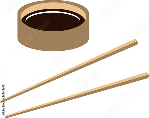 Soy sauce and chopsticks for sushi, vector. Soy sauce in a gravy boat and wooden chopsticks for sushi.