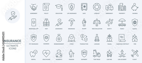 Insurance thin line icons set vector illustration. Abstract outline global financial protection shield for health, real estate and business, marriage contract and education agreement, healthcare