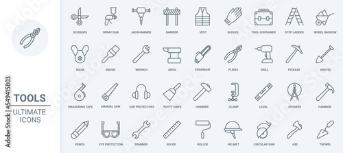 Construction diy tools and equipment for carpentry, building and repair work thin line icons set vector illustration. Abstract outline safety helmet and vest for worker, spanner and hammer, paint