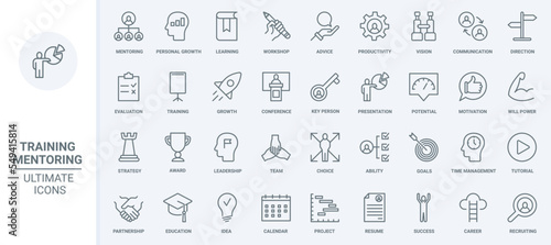 Mentoring, training for business teams thin line icons set vector illustration. Abstract outline career growth, workshop organization and counseling, advices, evaluation and communication with teacher