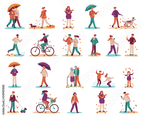 People walking under autumn rain. Man and woman going with umbrella, couple spending time outdoor and drinking coffee