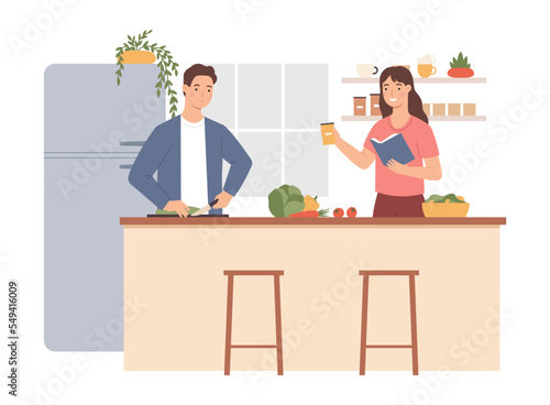 People cooking at home. Man cutting vegetables, woman giving seasoning and reading recipe book. Bowl with salad