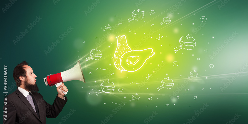 Young person with megaphone and healthy food icon Young person with megaphone and healthy food icon