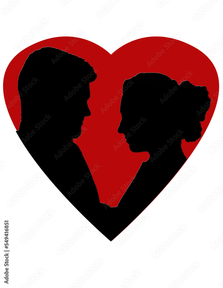 Paar Silhouette in rotem Herz auf weißem Hintergrund