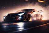 A tuned sports Car racing with smoke coming out of it at night, JDM Japanese Domestic Market