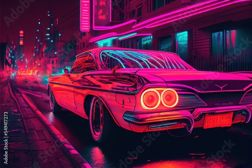 an oldschool car in a neon city, abstract neon illustration photo