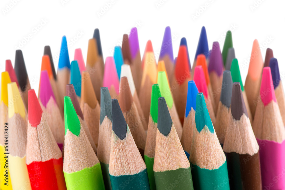 Colored pencils on a white background, isolated. Drawing tools. Children's creativity. Colored pencils on a white background, isolated. Drawing tools. Children's creativity.