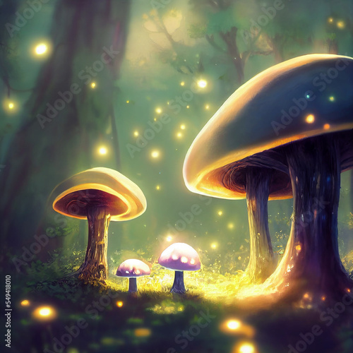 anime concept art, mushroom shaped house of the witch in the fairy fantasy forest © surassawadee