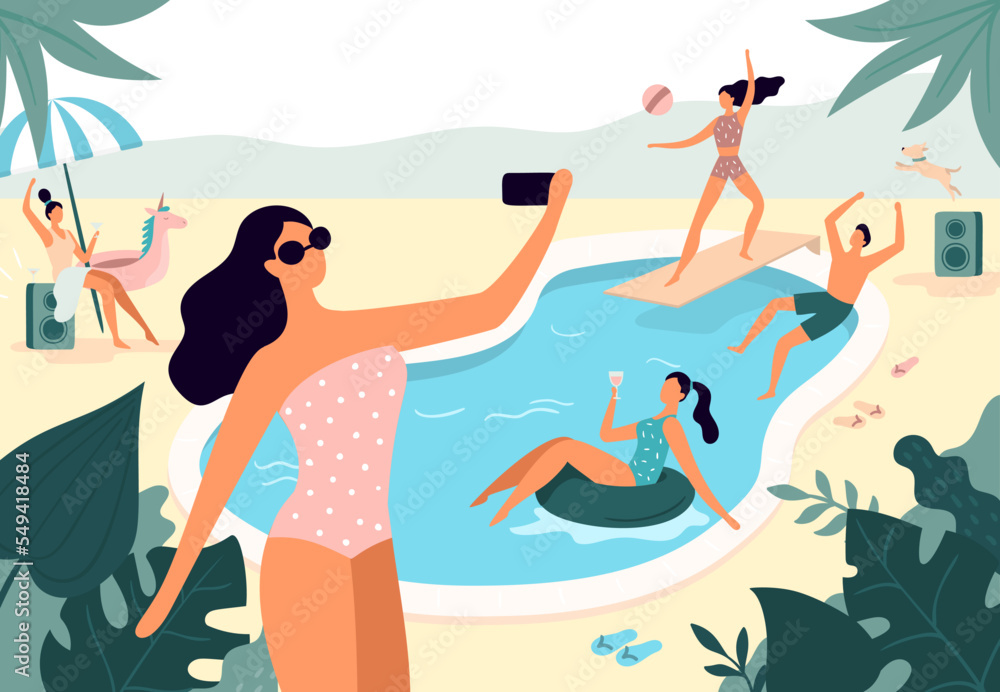 Swimming pool party. Young people spending time, playing with ball, listening to music, taking selfie photos