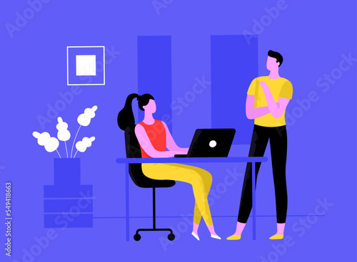 Team work characters. Woman sitting at desk with laptop and talking to colleague. Female and male office workers