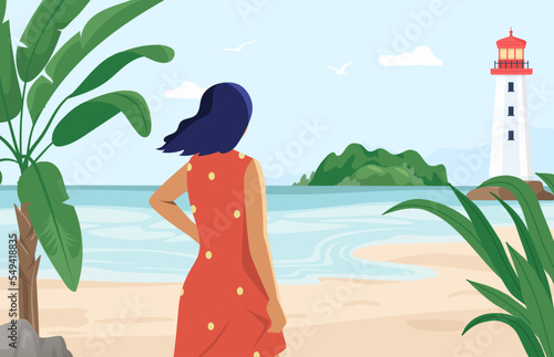 Person enjoying nature concept. Woman looking at lighthouse and thinking. Beautiful summer landscape