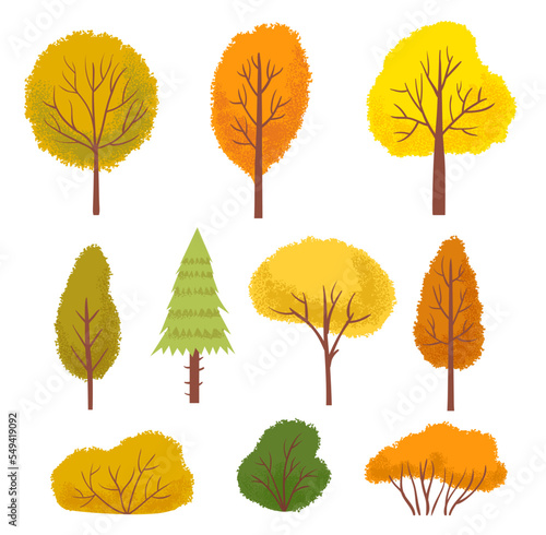 Yellow autumn trees. Colorful green and orange park or forest trees and bushes cartoon vector. Seasonal plants with foliage