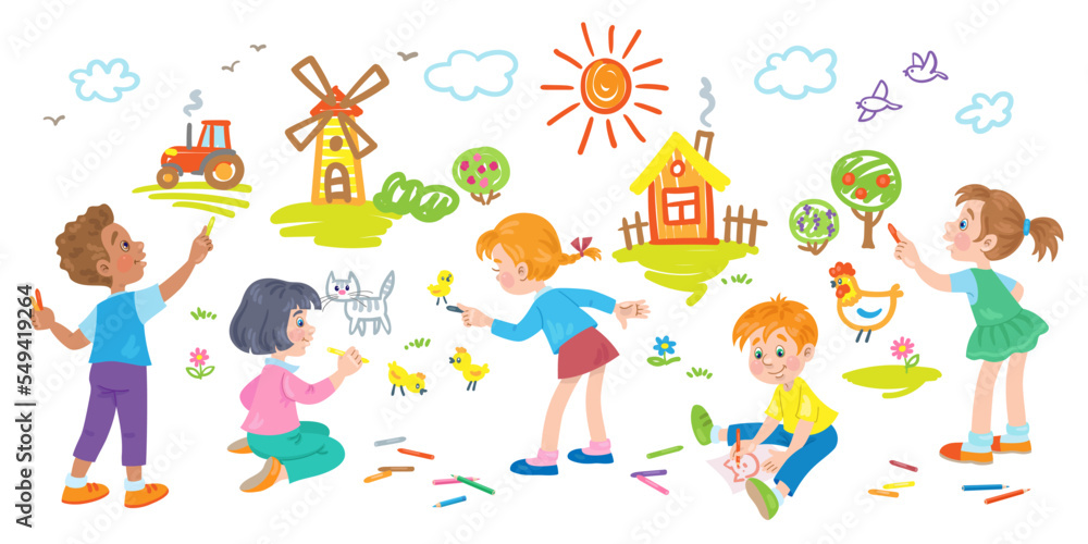 Children draw a picture of the world on the wall. Three girls and two boys with colored pencils and chalk. In cartoon style. Isolated on white background. Vector flat illustration Children draw a picture of the world on the wall. Three girls and two boys with colored pencils and chalk. In cartoon style. Isolated on white background. Vector flat illustration