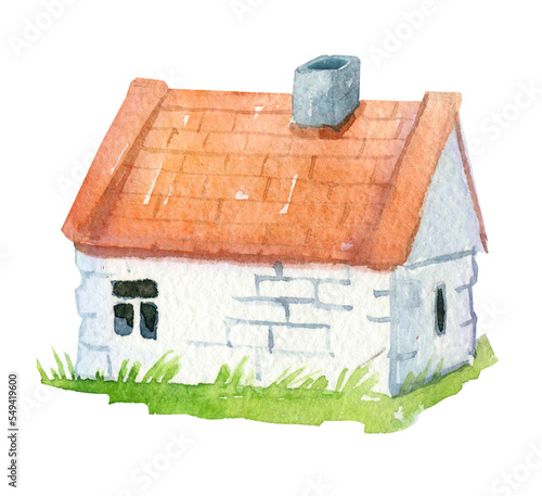 Watercolor white brick house. Hand-drawn illustration isolated on the white background