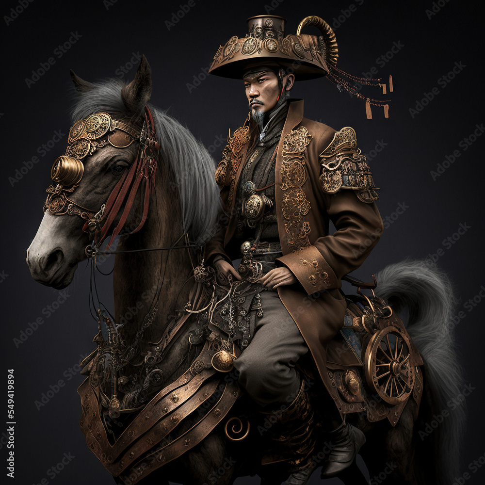 Obraz premium Qing dynasty man on metal warhorse, steampunk