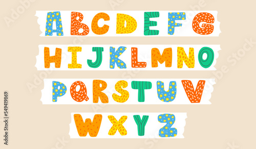 Cute childish latin font or cool english alphabet decorated with dots and scribbles. Hand drawn vector illustration.