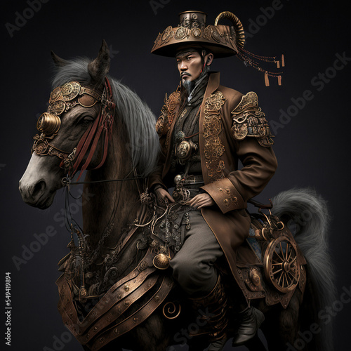 Qing dynasty man on metal warhorse, steampunk
