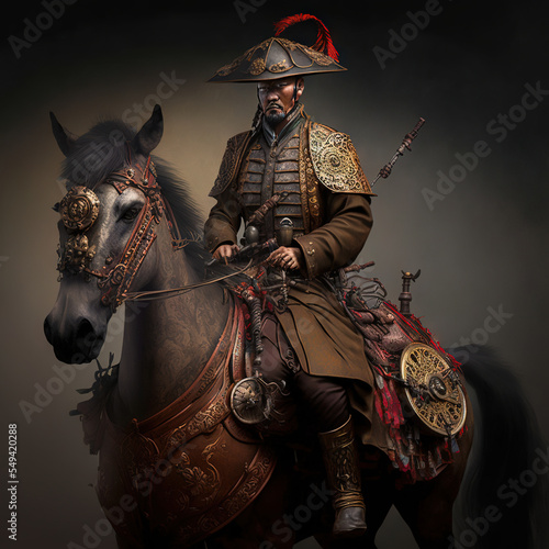 Qing dynasty man on metal warhorse, steampunk