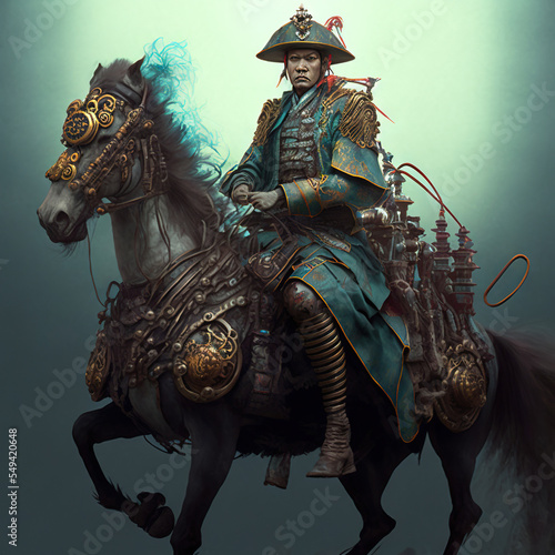 Qing dynasty man on metal warhorse, steampunk