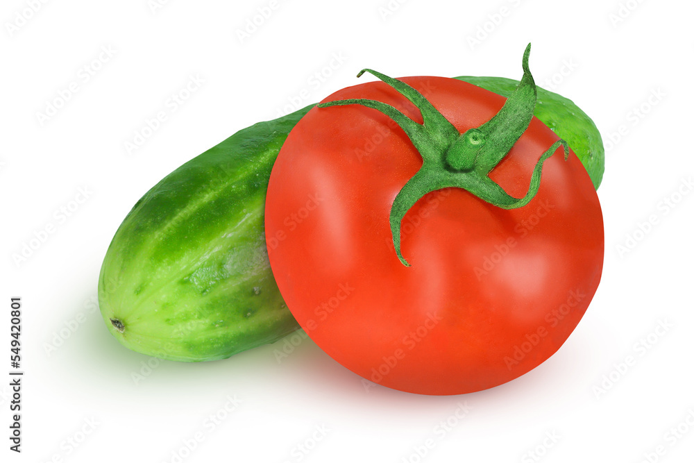 Tomato and cucumber on an isolated white background. Tomato and cucumber on an isolated white background.