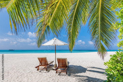 Beautiful tropical island, couple chairs umbrella under palm tree leaves, paradise sea sand sky. Summer travel landscape amazing vacation beach. Idyllic exotic nature closeup of recreation relaxation.