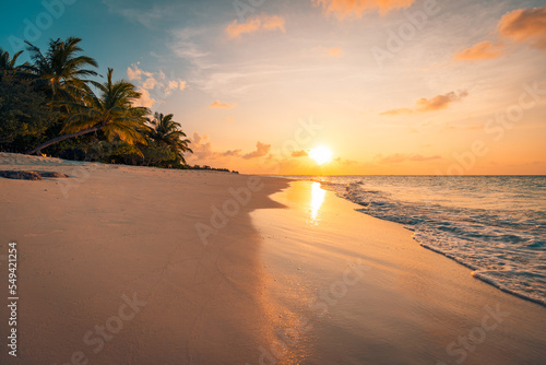 Fototapeta Naklejka Na Ścianę i Meble -  Peaceful nature scenic. Relax paradise, amazing closeup view of calm ocean bay waves with orange sunrise sunset sunlight. Tropical island vacation, holiday beach landscape exotic sea shore coast