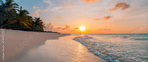 Peaceful nature scenic. Relax paradise, amazing closeup view of calm ocean bay waves with orange sunrise sunset sunlight. Tropical island vacation, holiday beach landscape exotic sea shore coast