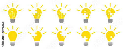 Set of yellow light bulb from pieces puzzle. Business strategy. New creative idea. Vector icons set.