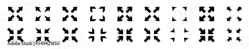 Set of full screen vector icons on white background. Exit full screen icons. Small and bigger. Black buttons.