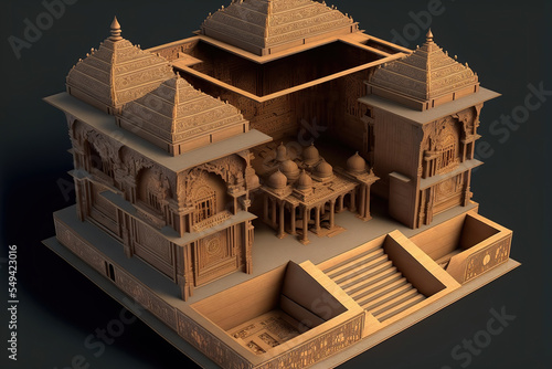 AI generated image of a model or diorama of a grand ornate Hindu temple made of cardboard