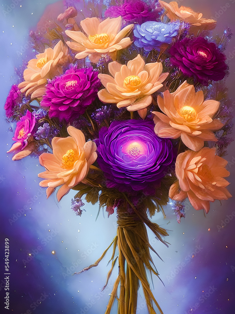 Glowing flowers in bouquet, background illustration.