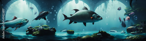 Artistic concept illustration of a underwater world with big fish in the background, background illustration. © 4K_Heaven