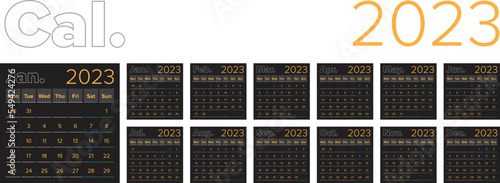 New Modern square monthly minimal style dark background calendar 2023 week starting on monday (ID: 549424276)