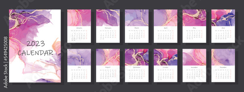 A set of calendar templates. Alcohol ink drawings background. 12 months of 2023. Vector illustration.